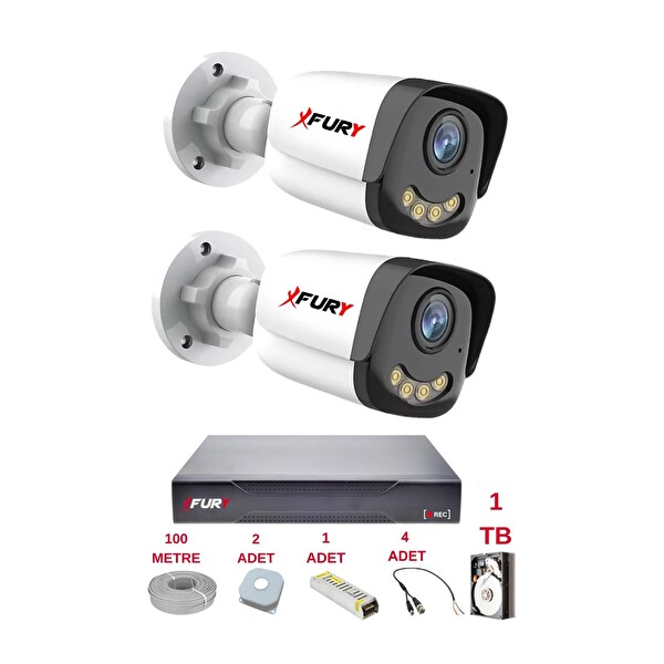 Fury 2 Kameralı 4 Warm LED Gece Renkli Görüş Cepten İzle Su Geçirmez Güvenlik Kamerası Seti 1 TB