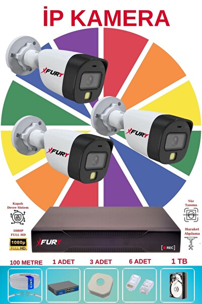 Fury 3 Kameralı Sesli 4mp Gece Renkli Su Geçirmez IP Güvenlik Kamera Seti 5515S 1TB