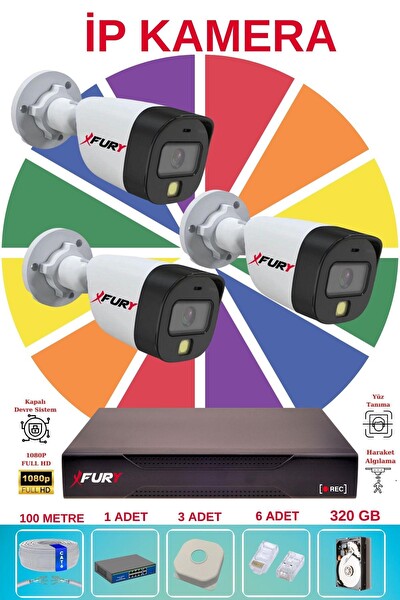 Fury 3 Kameralı Sesli 4mp Gece Renkli Su Geçirmez IP Güvenlik Kamera Seti 5515S 320GB