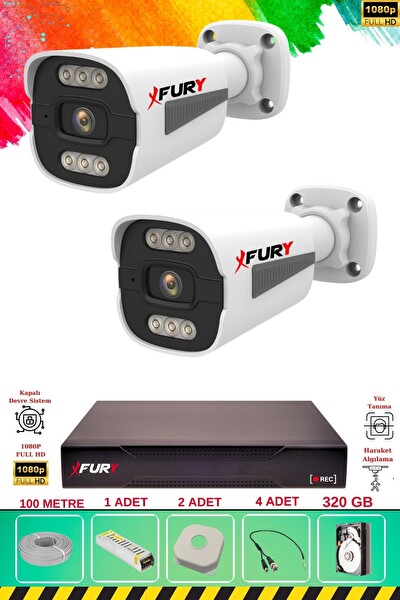 Fury 2 Kameralı 4 Warm Led Gece Renkli Görüş-Cepten İzle-Su Geçirmez Güvenlik Kamerası Seti 320GB