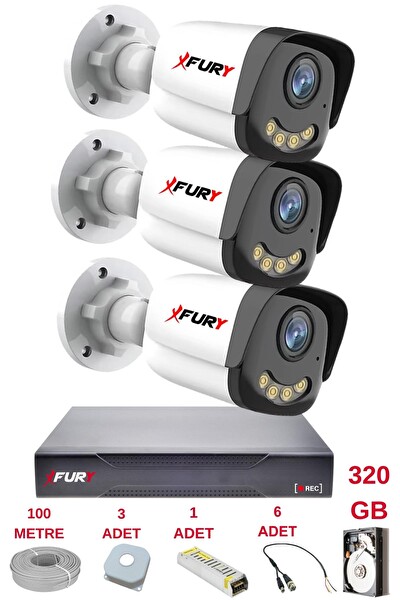 Fury 3 Kameralı 4 Warm Led Gece Renkli Görüş-Cepten İzle-Su Geçirmez Güvenlik Kamerası Seti 320GB