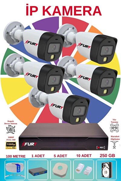 Fury 5 Kameralı Sesli 4mp Gece Renkli Su Geçirmez IP Güvenlik Kamera Seti 5515S 250GB