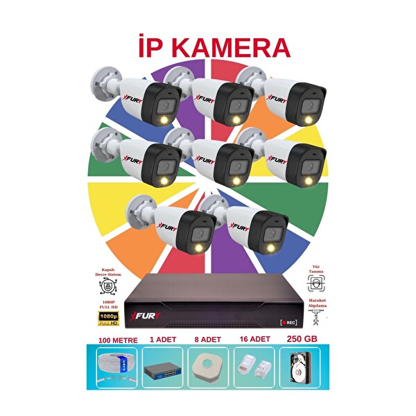 Fury 5515S 8'li IP Güvenlik Kamera Seti Sesli 4 MP Gece Renkli Su Geçirmez 250 GB