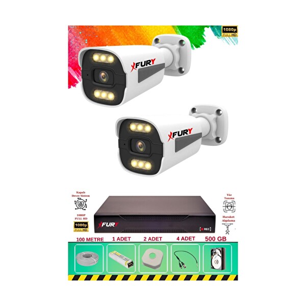 Fury 2 Kameralı 6 Warm Led Gece Renkli Görüş-Cepten İzle Su Geçirmez Güvenlik Kamerası Seti 500 GB