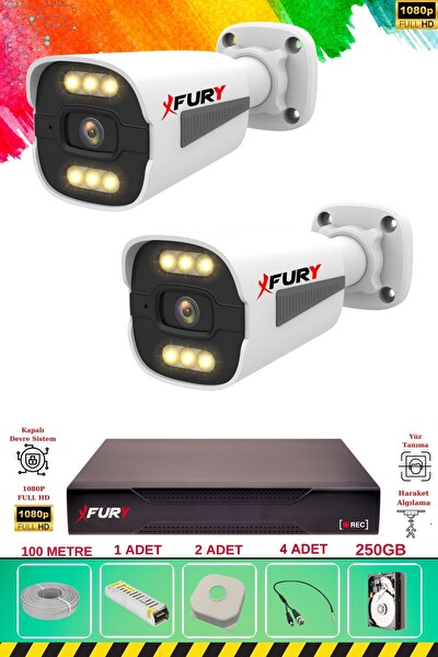 Fury 2 Kameralı 6 Warm Led Gece Renkli Görüş-Cepten İzle-Su Geçirmez Güvenlik Kamera Seti 250GB