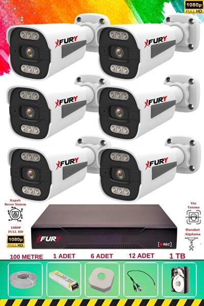 Fury 6 Kameralı 6 Warm Led Gece Renkli Görüş-Cepten İzle-Su Geçirmez Güvenlik Kamera Seti 1TB