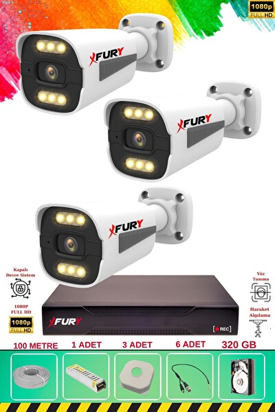 Fury 3 Kameralı 6 Warm Led Gece Renkli Görüş-Cepten İzle-Su Geçirmez Güvenlik Kamera Seti 320GB