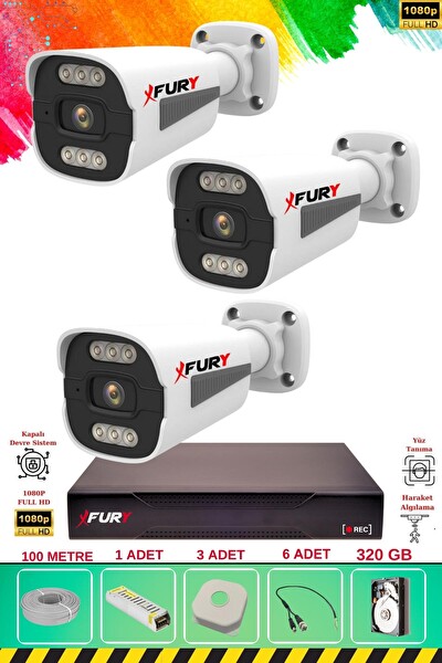 Fury 3 Kameralı 6 Warm Led Gece Renkli Görüş-Cepten İzle-Su Geçirmez Güvenlik Kamera Seti 320GB