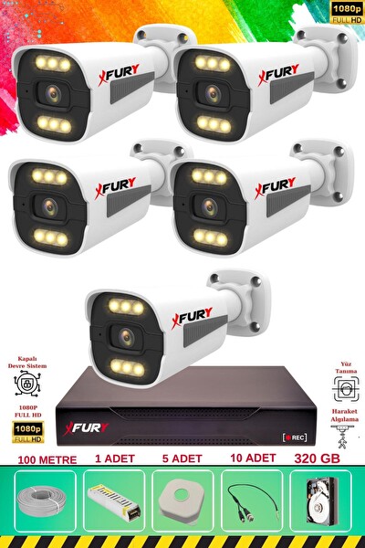 Fury 5 Kameralı 6 Warm Led Gece Renkli Görüş-Cepten İzle-Su Geçirmez Güvenlik Kamera Seti 320GB