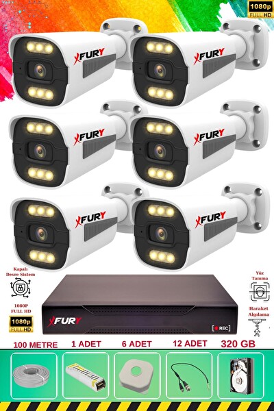 Fury 6 Kameralı 6 Warm Led Gece Renkli Görüş-Cepten İzle-Su Geçirmez Güvenlik Kamera Seti 320GB