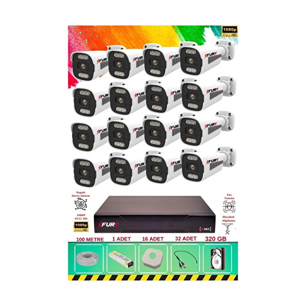 Fury 16 Kameralı 6 Warm Led Gece Renkli Görüş Cepten İzle Su Geçirmez Güvenlik Kamerası Seti 320 GB