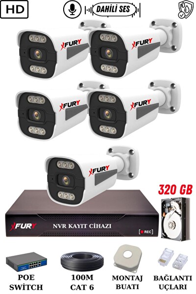 Fury 5 Kameralı Sesli 4mp Gece Renkli Su Geçirmez IP Güvenlik Kamerası Seti 1506s 320GB