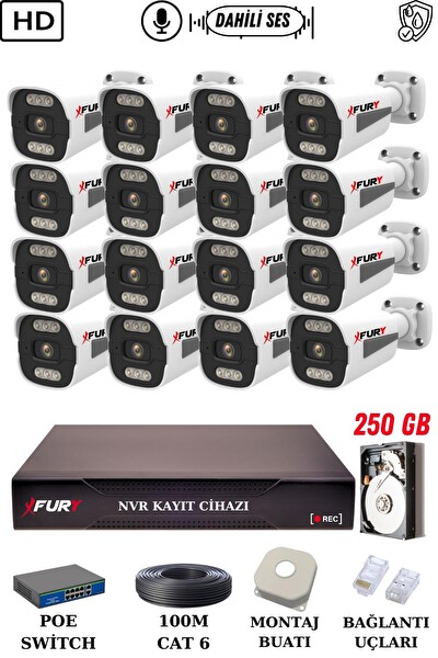Fury 16 Kameralı Sesli 4mp Gece Renkli Su Geçirmez IP Güvenlik Kamerası Seti 1506s 250GB