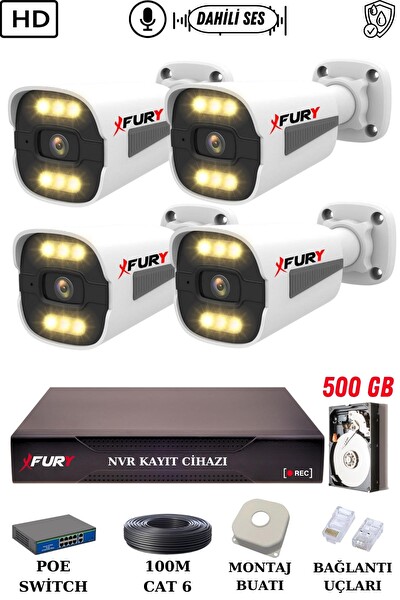 Fury 4 Kameralı Sesli 4mp Gece Renkli Su Geçirmez IP Güvenlik Kamerası Seti 1506s 500GB
