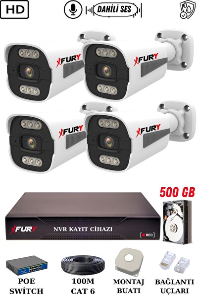 Fury 4 Kameralı Sesli 4mp Gece Renkli Su Geçirmez IP Güvenlik Kamerası Seti 1506s 500GB