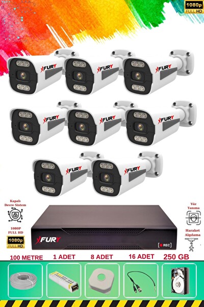 Fury 8 Kameralı 6 Warm Led Gece Renkli Görüş-Cepten İzle-Su Geçirmez Güvenlik Kamerası Seti 250GB