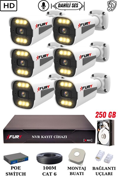 Fury 6 Kameralı Sesli 4mp Gece Renkli Su Geçirmez IP Güvenlik Kamerası Seti 1506s 250GB