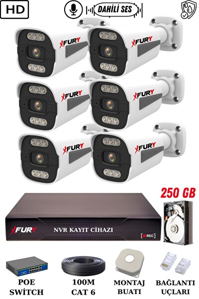 Fury 6 Kameralı Sesli 4mp Gece Renkli Su Geçirmez IP Güvenlik Kamerası Seti 1506s 250GB