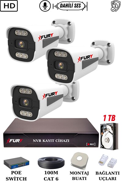 Fury 3 Kameralı Sesli 4mp Gece Renkli Su Geçirmez IP Güvenlik Kamerası Seti 1506s 1TB