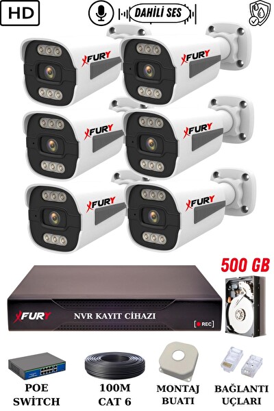 Fury 6 Kameralı Sesli 4mp Gece Renkli Su Geçirmez IP Güvenlik Kamerası Seti 1506s 500GB