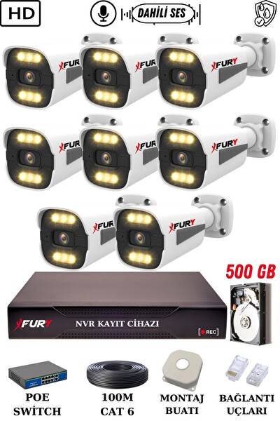 Fury 8 Kameralı Sesli 4mp Gece Renkli Su Geçirmez IP Güvenlik Kamerası Seti 1506s 500GB