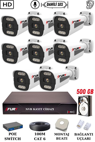 Fury 8 Kameralı Sesli 4mp Gece Renkli Su Geçirmez IP Güvenlik Kamerası Seti 1506s 500GB