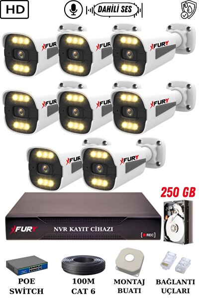 Fury 8 Kameralı Sesli 4mp Gece Renkli Su Geçirmez IP Güvenlik Kamerası Seti 1506s 250GB