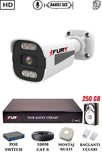 Fury 1 Kameralı Sesli 4 MP Gece Renkli Su Geçirmez IP Güvenlik Kamerası Seti 1506s 250GB