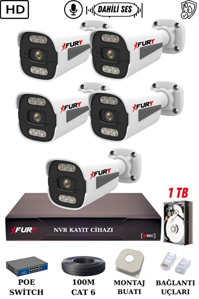 Fury 5 Kameralı Sesli 4 MP Gece Renkli Su Geçirmez IP Güvenlik Kamerası Seti 1506s 1TB