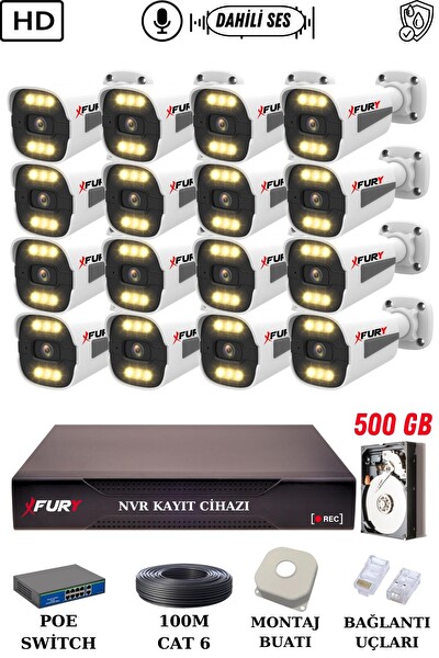 Fury 16 Kameralı Sesli 4 MP Gece Renkli Su Geçirmez IP Güvenlik Kamerası Seti 1506s 500GB
