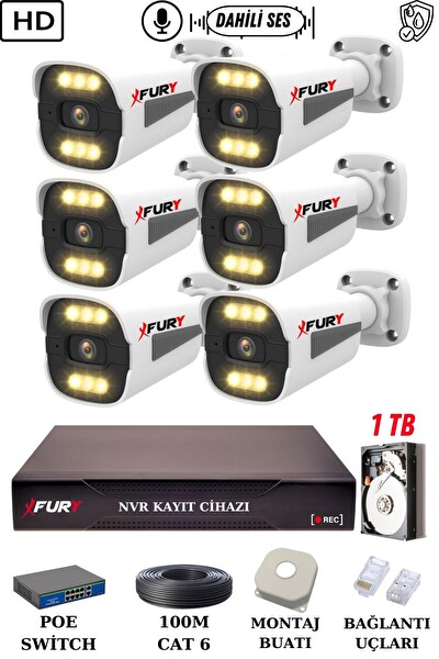 Fury 6 Kameralı Sesli 4 MP Gece Renkli Su Geçirmez IP Güvenlik Kamerası Seti 1506s 1TB