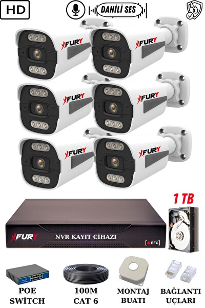 Fury 6 Kameralı Sesli 4 MP Gece Renkli Su Geçirmez IP Güvenlik Kamerası Seti 1506s 1TB