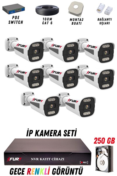 Fury 8 Kameralı 4 MP Gece Renkli Su Geçirmez IP Güvenlik Kamerası Seti 1506 250GB