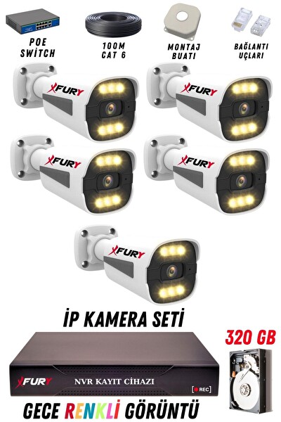 Fury 5 Kameralı 4 MP Gece Renkli Su Geçirmez IP Güvenlik Kamerası Seti 1506 320GB