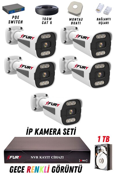 Fury 5 Kameralı 4 MP Gece Renkli Su Geçirmez IP Güvenlik Kamerası Seti 1506 1TB