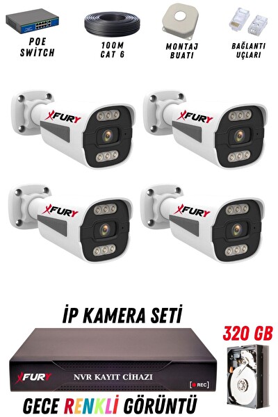 Fury 4 Kameralı 4 MP Gece Renkli Su Geçirmez IP Güvenlik Kamerası Seti 1506 320GB
