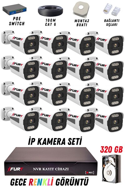 Fury 16 Kameralı 4 MP Gece Renkli Su Geçirmez IP Güvenlik Kamerası Seti 1506 320GB