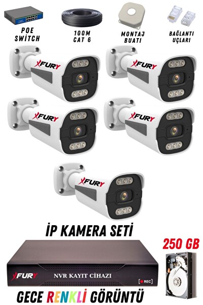 Fury 5 Kameralı 4 MP Gece Renkli Su Geçirmez IP Güvenlik Kamerası Seti 1506 250GB