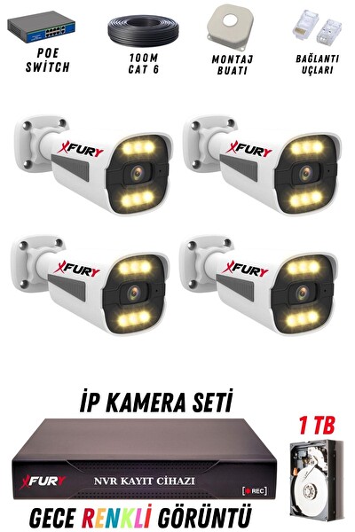 4 Kameralı 4 MP Gece Renkli Su Geçirmez IP Güvenlik Kamerası Seti 1506 1TB