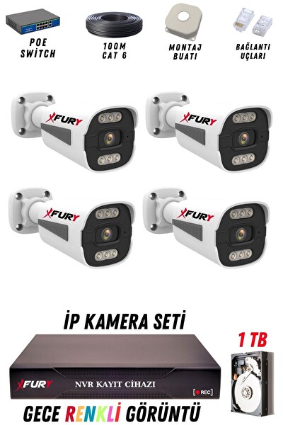 Fury 4 Kameralı 4 MP Gece Renkli Su Geçirmez IP Güvenlik Kamerası Seti 1506 1TB