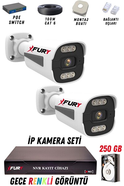 Fury 2 Kameralı 4 MP Gece Renkli Su Geçirmez IP Güvenlik Kamerası Seti 1506 250GB