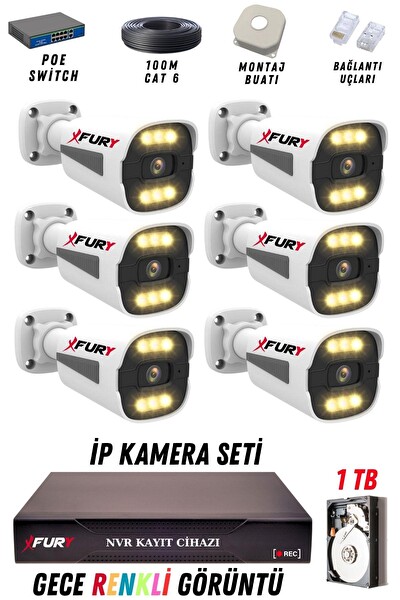 Fury 6 Kameralı 4 MP Gece Renkli Su Geçirmez IP Güvenlik Kamerası Seti 1506 1TB