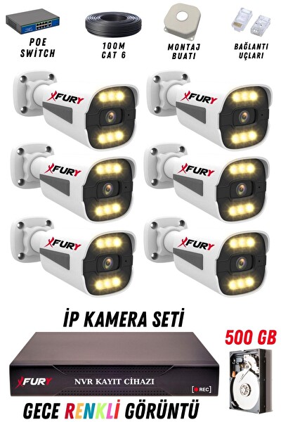 Fury 6 Kameralı 4 MP Gece Renkli Su Geçirmez IP Güvenlik Kamerası Seti 1506 500GB