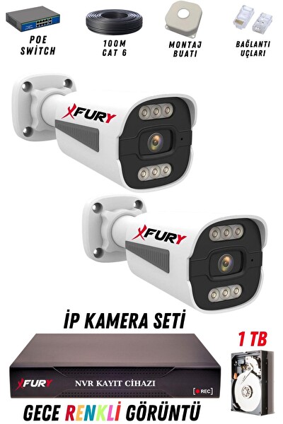 Fury 2 Kameralı 4 MP Gece Renkli Su Geçirmez IP Güvenlik Kamerası Seti 1506 1TB