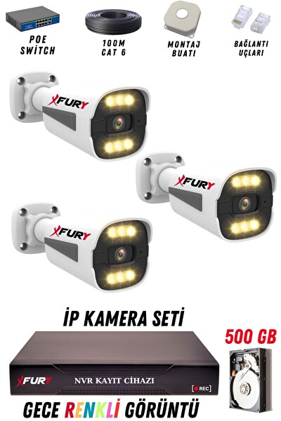 Fury 3 Kameralı 4 MP Gece Renkli Su Geçirmez IP Güvenlik Kamerası Seti 1506 500GB