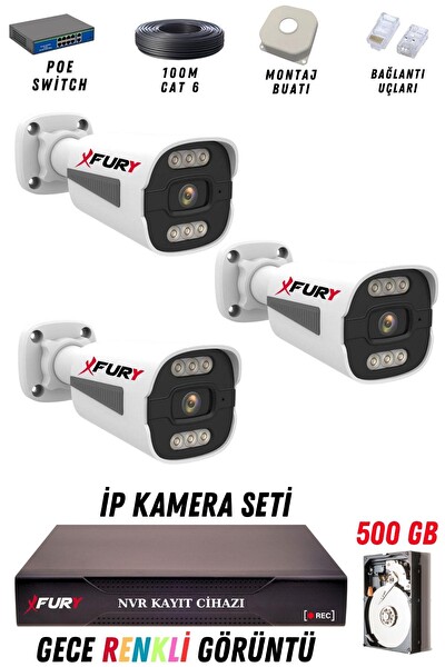 Fury 3 Kameralı 4 MP Gece Renkli Su Geçirmez IP Güvenlik Kamerası Seti 1506 500GB