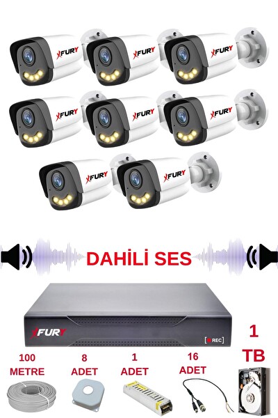 Fury 8 Kameralı Sesli Gece Renkli Görüş Güvenlik Kamerası Su Geçirmez Güvenlik Kamerası Seti 5590s 1TB