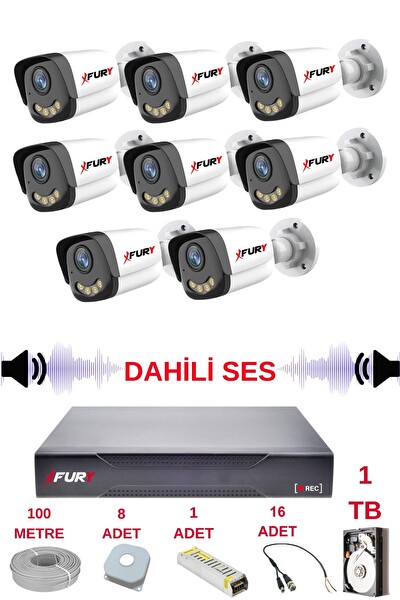 Fury 8 Kameralı Sesli Gece Renkli Görüş Güvenlik Kamerası Su Geçirmez Güvenlik Kamerası Seti 5590s 1TB