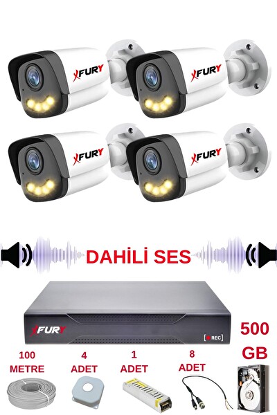 Fury 4 Kameralı Sesli Gece Renkli Görüş Güvenlik Kamerası Su Geçirmez Güvenlik Kamerası Seti 5590s 500GB