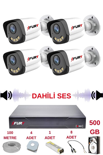 Fury 4 Kameralı Sesli Gece Renkli Görüş Güvenlik Kamerası Su Geçirmez Güvenlik Kamerası Seti 5590s 500GB